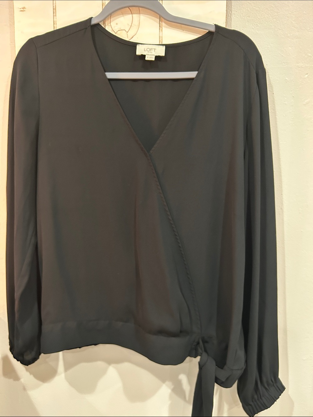 LOFT Black Wrap-Front Look Long Sleeve Blouse with Side Tie